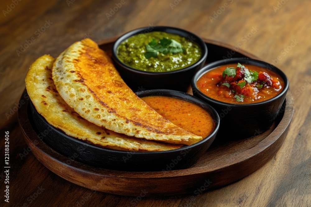 Poster a wooden plate topped with three different types of food, perfect for use in editorial content or as