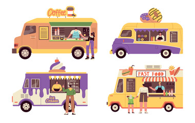 Kiosks with products on wheels. Street food tracks with sellers and visitors, happy people buy ice cream, donuts and coffee, vector set
