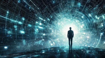 Businessman Standing in Digital Tunnel of Future Technology Concepts
