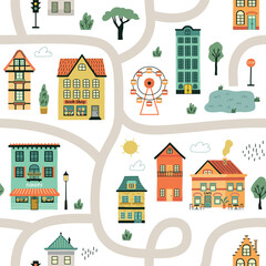 Little european houses and stores facades. Cute cottages and shops repeated background, streets map, kids print, vector seamless pattern