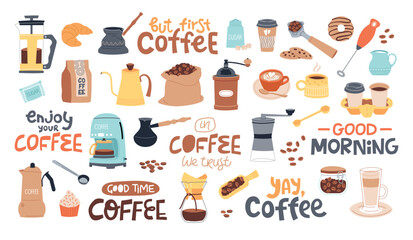Making coffee accessories with short cute text. Cartoon hot invigorating drink elements, french press, coffee machine, grains, vector set