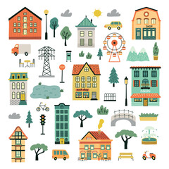 Little cute houses and city elements. Funny homes and stores facades, exterior streets objects, neighborhood icons, park objects, vector set.