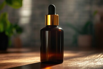 Naklejka premium A brown glass bottle with a gold cap sits on a table, perfect for a rustic or vintage-themed setting