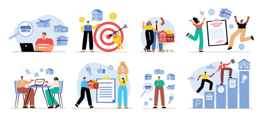People taking out real estate loan. Cartoon couples and families in mortgage credit, happy men and women who paid debt to bank. vector set