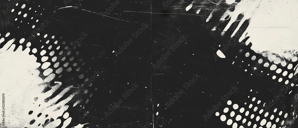 Poster grunge halftone overlay texture with dots forming structured patterns on black background