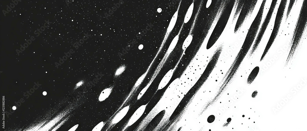Poster grunge halftone texture with distorted dots and abstract design on a black background