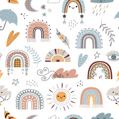 Scandi boho elements. Cute gentle colors rainbows, clouds and sun, baby weather icons, repeated kids background, vector seamless pattern