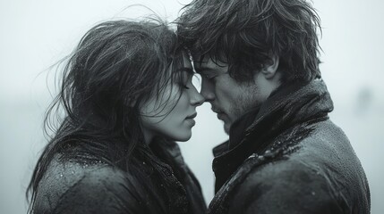A passionate embrace between two individuals in a dramatic, moody setting, highlighting emotions and intimacy with a monochrome aesthetic.