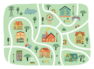 Small houses city map. Streets plan with cartoon buildings facades and park elements, cottages and stores, kids carpet, vector illustration