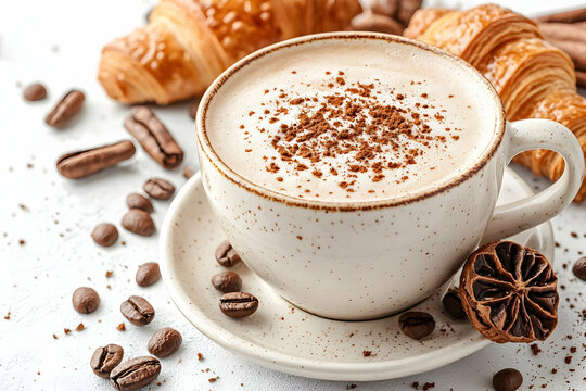Coffee with croissants, spices, and beans. Food photography for menus