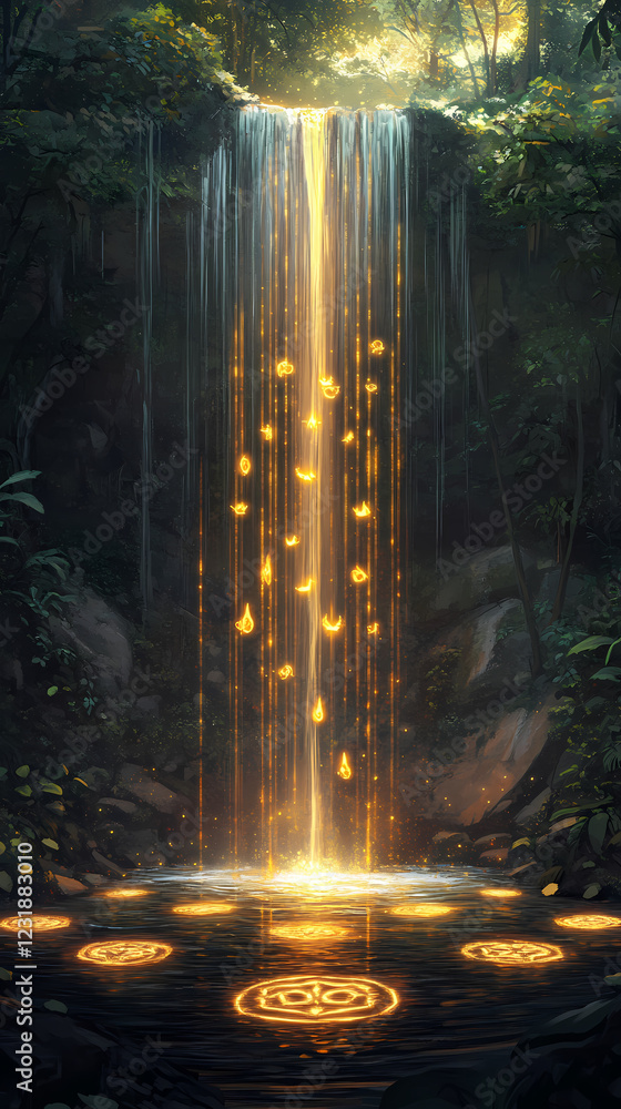 Poster golden waterfall cascading into a serene forest pool during twilight. generative ai
