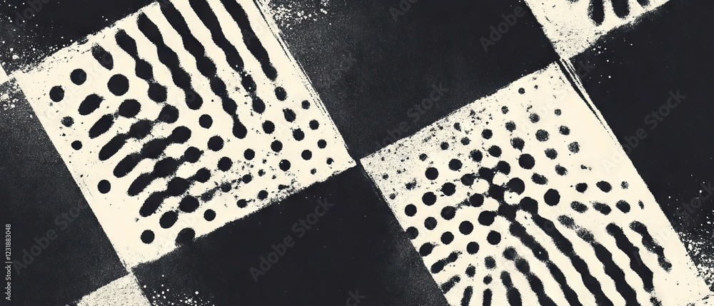 Poster grunge halftone overlay texture with structured squares and dotted patterns on black background