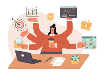 Successful business lady in office workplace. Cartoon multitasking woman, productive and efficient employee character, vector illustration