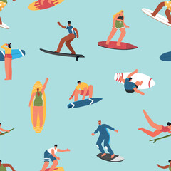 Surfers on boards catch waves. People engaged in summer water sports, marine beach activity, repeated characters, vector seamless pattern