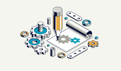 Mechanical engineering project concept, engine draft plan drawing, technical scheme blueprint, paper sheet with gears and pencil 3D isometric vector illustration, repair tutorial.