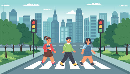 Young pedestrians cross road on zebra crossing. Kids walk crosswalk, students go to school, compliance traffic rules, vector illustration