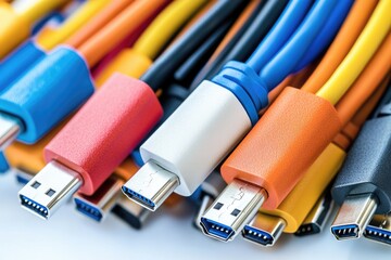 A bundle of various colored cables linked together