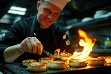 A man in a chef's hat cooks food on a grill, a simple and tasty meal being prepared