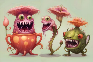 Fantastic predatory monster plants, cartoon illustration