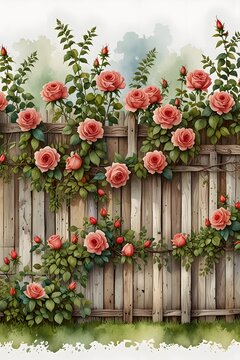 A rustic fence adorned with climbing roses in watercolor style