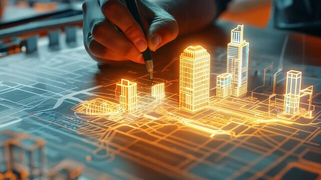 futuristic architectural design concept a neon glowing holographic cityscape, smart cities, technology, and digital innovation.