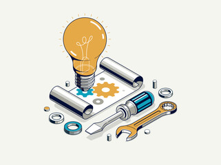 Engineering idea concept, innovation, invention and solution concept, light bulb vector 3D isometric illustration, mechanical engine works.