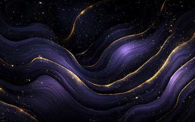 Abstract dark purple and gold flowing waves with glitter.