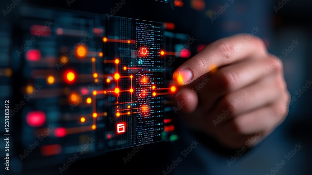 Poster hand interacting with a futuristic digital interface showing code and network connections