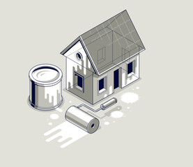 Painting house exterior walls vector 3D isometric illustration, whitewash diy facade paint renovation, residential small family house or cottage, outside painting building.