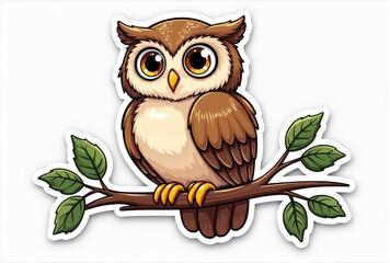Cartoon Owl on Branch with Green Leaves