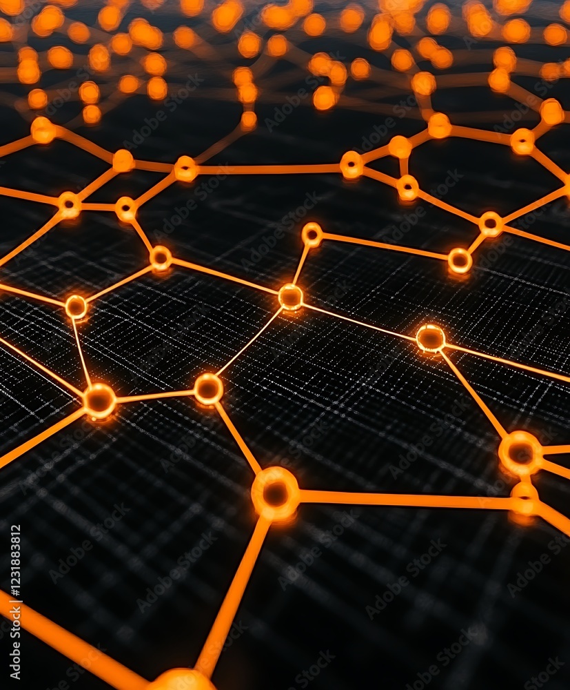 Poster glowing orange network nodes connected by lines on a dark background