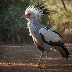 A secretary bird standing tall with long legs and elegant plumes.