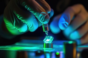 Hands in Gloves Performing Experiment with Laser on Brilliant Transparent Crystal Under Blue and Green Light