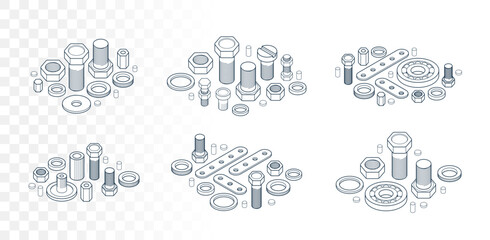 Bolts and nuts vector 3D isometric set, repair and maintenance service concept.