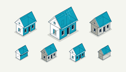 House project concept set, 3D isometric vector illustration of a small house building project, construction architectural model, residential family small house.