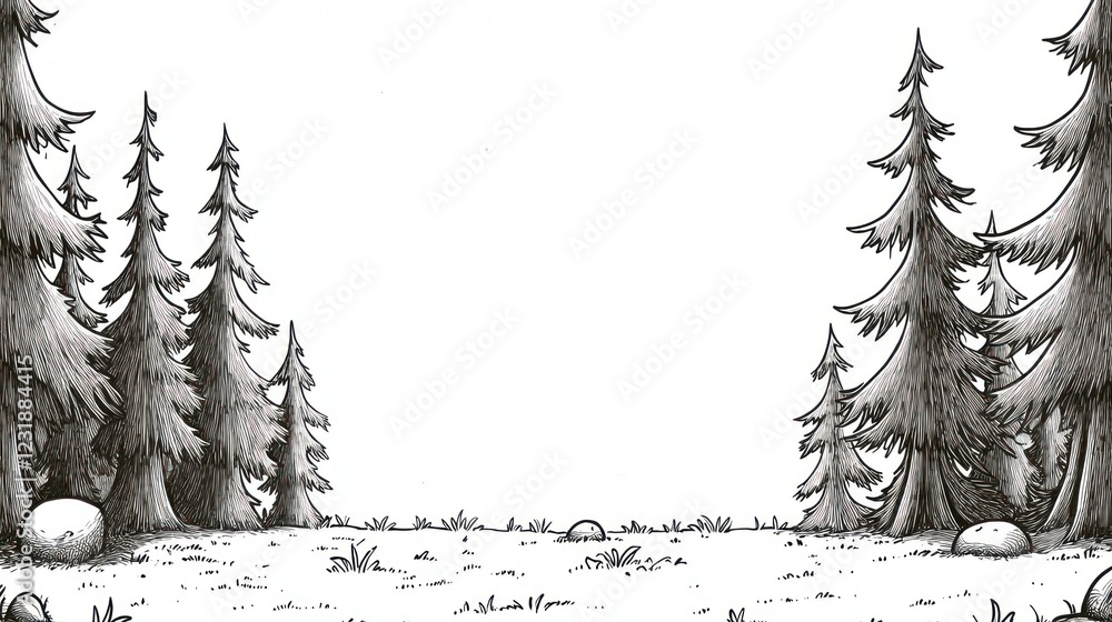 Poster a hand-drawn illustration of a forest clearing with tall, slender trees on either side. the clearing