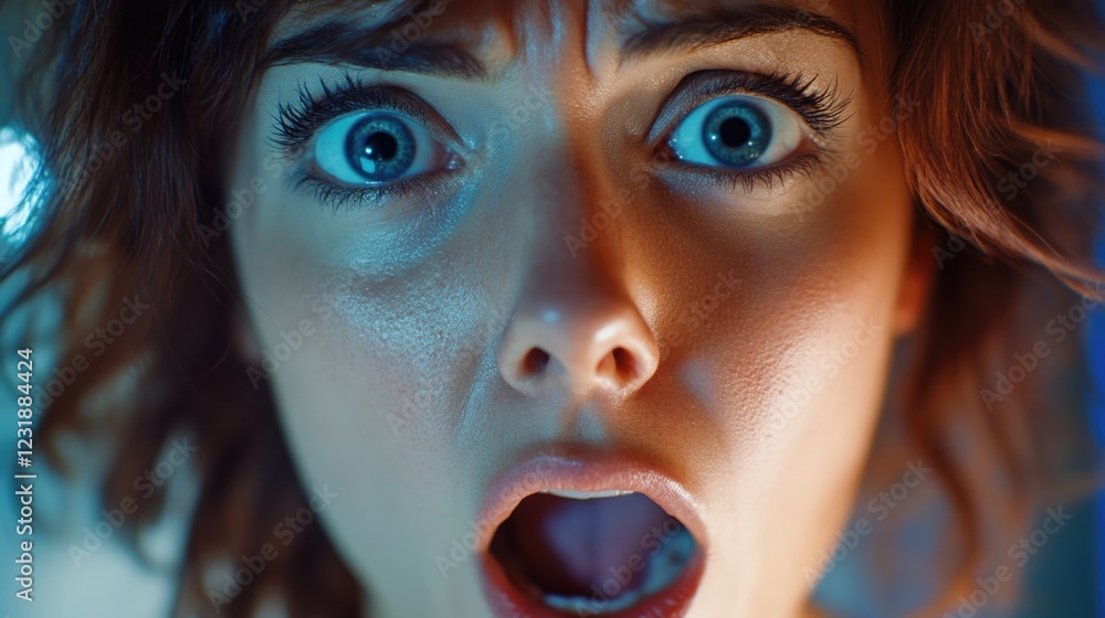 Poster a close-up shot of a person with a surprised expression, ideal for use in scenarios where a sense of