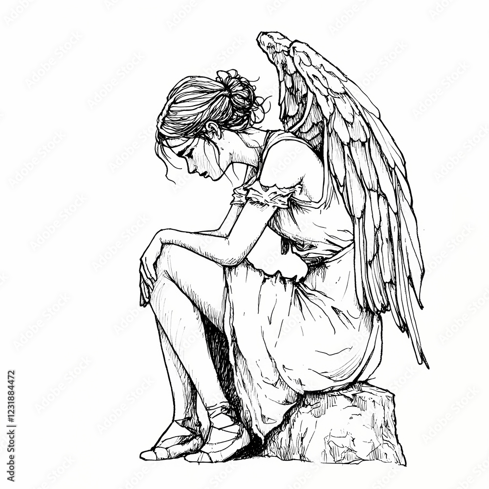 Poster winged figure in thoughtful pose resting on a rock. generative ai