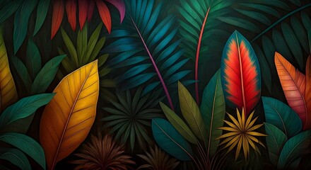 An abstract jungle of vibrant tropical hues with bold leaf-like shapes, AI Generated