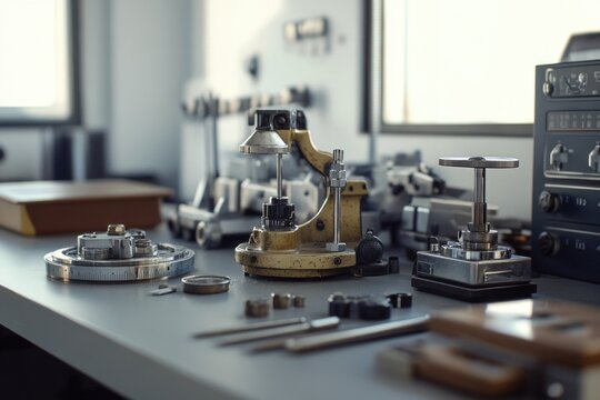 Tools and equipment on a wooden worktable, ideal for use in illustrations, tutorials, or educational materials