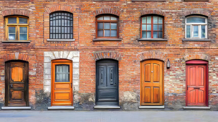 Fototapeta premium House entrances with different doors in brick wall. Vector cartoon set of doorways, wooden gates in classic style with glass, handles, mailboxes and bushes outside