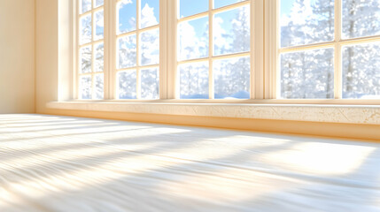 Sunny winter window view, warm room, snow scene
