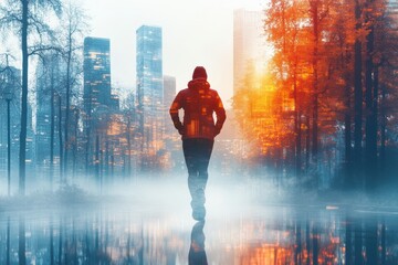 Fototapeta premium A person walks through a foggy forest, surrounded by towering skyscrapers and vibrant autumn colors, showcasing the blend of urban and natural landscapes.