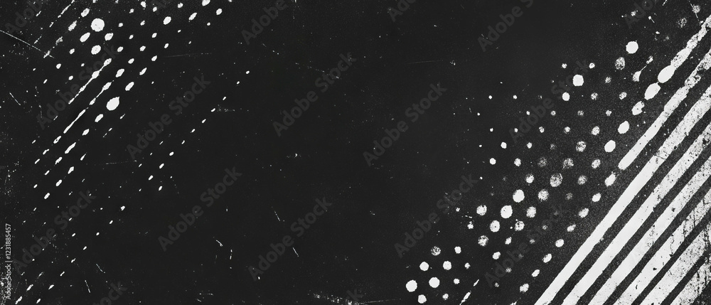 Aufkleber grunge halftone texture on black background with monochromatic dots and lines