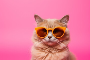Adorable ginger cat posing with trendy orange sunglasses against a vibrant pink backdrop, creating a fun and fashionable portrait