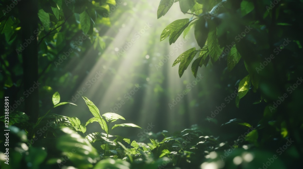 Poster sunbeams are filtering through the lush green foliage of a tropical rainforest, creating a magical a