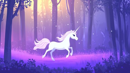 Unicorn galloping through enchanted forest at dawn; magical background, children's book illustration