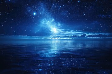 A starry night sky with constellations forming over a calm sea, the patterns in the sky mirrored perfectly in the still water below.