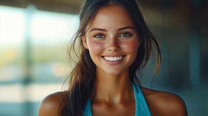 A woman with brown hair and a blue tank top. She is smiling. The photo is in black and white