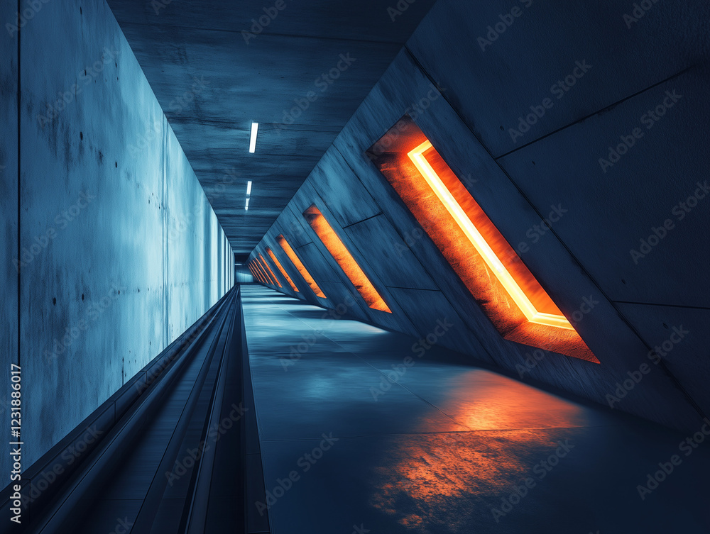 Poster empty, dark corridor with a glowing side window, concrete block walls, and an underground track crea